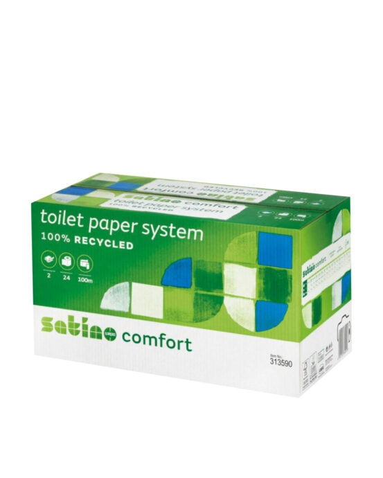 Satino Comfort –WC-järjestelmärullapaperi. Tuotelaatikon väri: vihreä ja valkoinen. Pahvilaatikossa lukee 100 % kierrätettyä WC-paperia. Tuotenumero: 313590.
