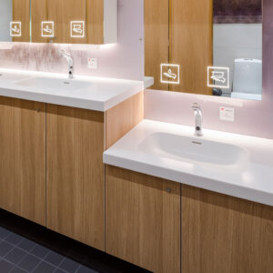 Yksi käsienpesupaikka normaalikorkuisella tasolla ja yksi lavuaari alemmalla tasolla. Alakaappien ovet ovat puukuvioiset, allastasot valkoiset ja hanojen päällä on peilit, joissa on opasteet käsipyyhkeille ja saippualle.