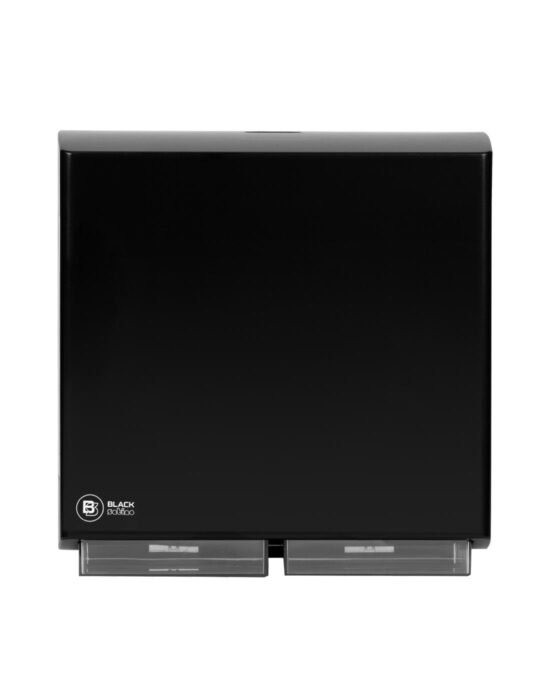 BlackSatino–WC-paperiannostelija. Annostelija kuvattuna edestä. Musta värivaihtoehto. Tuotenumero: 332050.