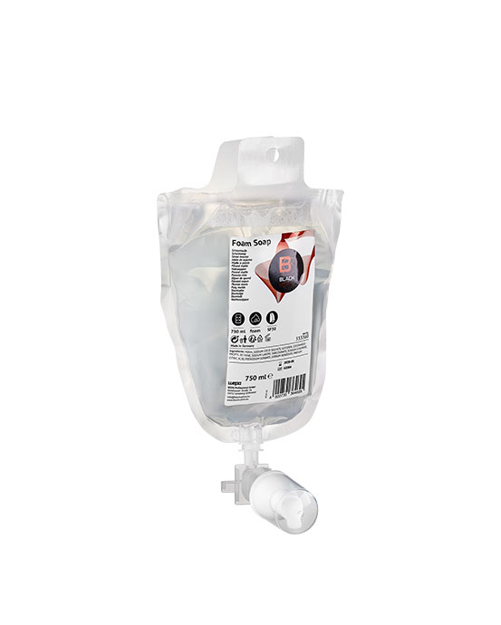 BlackSatino-vaahtosaippuapussi annostelijoihin. BlackSatino vaahtosaippua 750 ml, tuotenumero 333360.