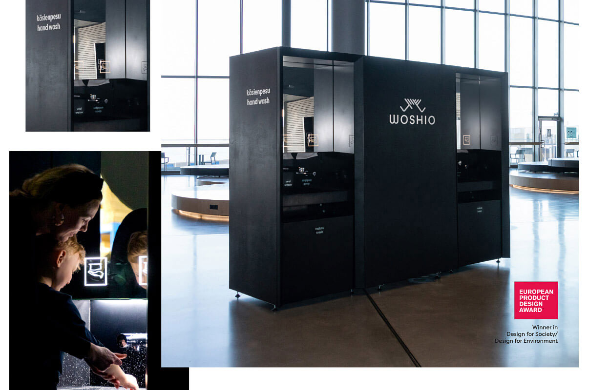 Woshio-käsienpesupiste. Kosketusvapaa hana ja saippua-annostelija. Käsienpesupisteessa valaistut peilikaapit.