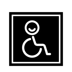 Novosan Inva WC:n opastekyltti. Symbolikuvassa on pyörätuoli ja hymyilevä hahmo. Muoto: neliö. Väri: mustavalkoinen.