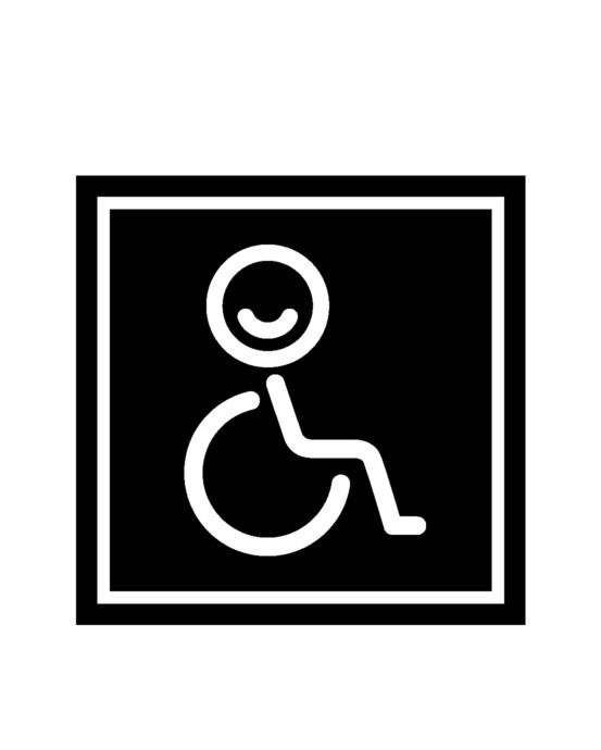 Novosan Inva WC:n opastekyltti. Symbolikuvassa on pyörätuoli ja hymyilevä hahmo. Muoto: neliö. Väri: mustavalkoinen.