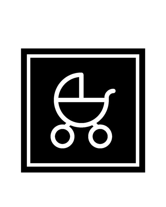 Novosan lastenhoitohuoneen opastekyltti. Symbolikuvassa on neliön keskellä lastenvaunut. Muoto: neliö. Väri: mustavalkoinen.