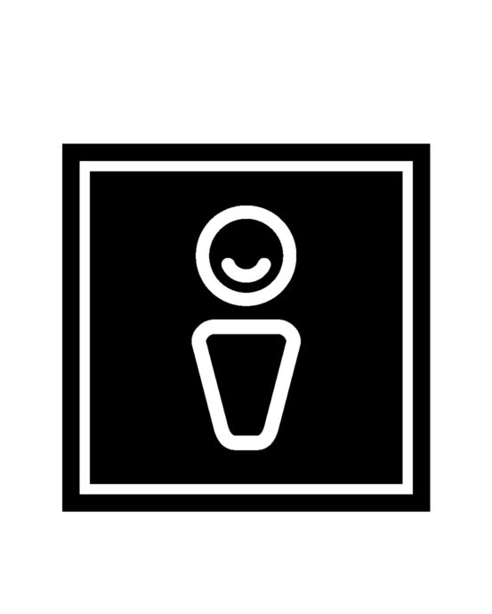 Novosan miesten-WC:n opastekyltti. Symbolikuvassa on hymyilevä mieshahmo. Muoto: neliö. Väri: mustavalkoinen.