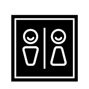 Novosan WC-opaste. Symbolikuvassa on hymyilevä mies ja -naishahmo Muoto: neliö. Väri: mustavalkoinen.