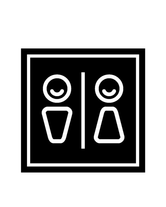 Novosan WC-opaste. Symbolikuvassa on hymyilevä mies ja -naishahmo Muoto: neliö. Väri: mustavalkoinen.