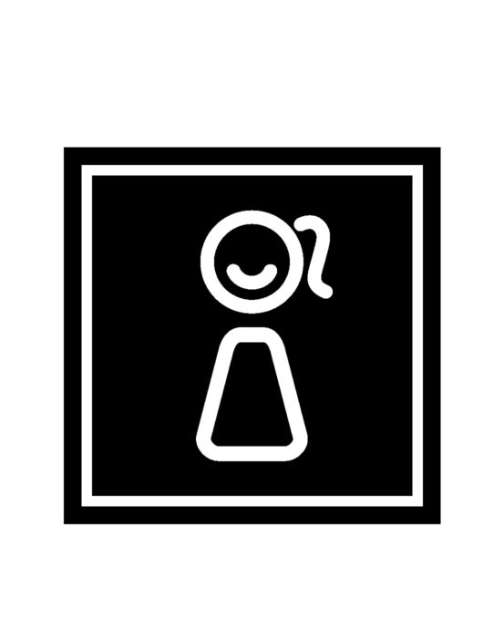 Novosan naisten-WC:n opastekyltti. Symbolikuvassa on on hymyilevä naishahmo. Muoto: neliö. Väri: mustavalkoinen.