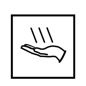 Novosan WC:n käsienkuivaajan opastetarra. Symbolikuvassa on käsi ja kolme mustaa vinoa viivaa. Muoto: neliö. Väri: mustavalkoinen.