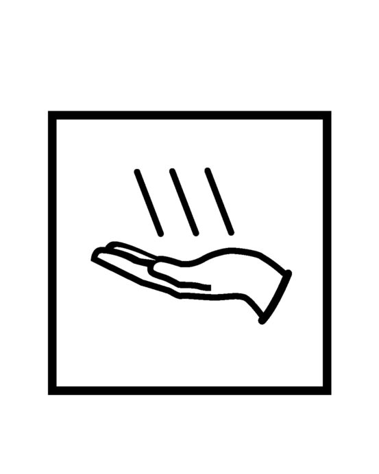 Novosan WC:n käsienkuivaajan opastetarra. Symbolikuvassa on käsi ja kolme mustaa vinoa viivaa. Muoto: neliö. Väri: mustavalkoinen.