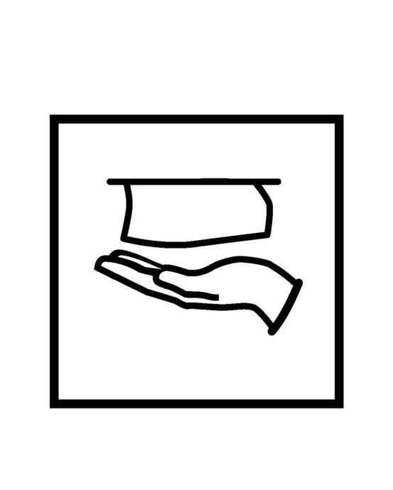 Novosan WC:n käsipaperin opastetarra. Symbolikuvassa on keskellä käsi ja käsipaperi. Muoto: neliö. Väri: mustavalkoinen.