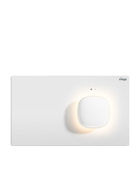 Novosan Visign for More 202 -huuhtelupainike LED-valolla. LED-valo on päällä. Väri: valkoinen. Muotoilu: suorakaide ja ulkoneva painike. Tuotenumero: 773458.