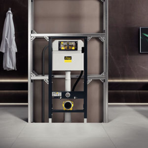 Kuvassa Viega Prevista Dry -kiskoelementeillä rakennettu väliseinä. Kiskojärjestelmässä kiinni seinä-WC-elementti.