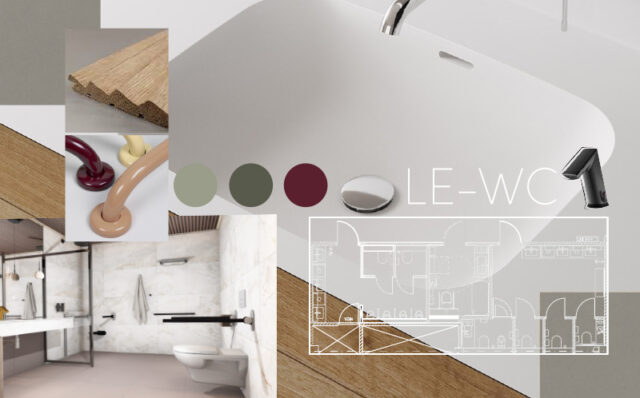 Kaunis WC-tila kuuluu kaikille – esteetön arki alkaa yksityiskohdista. Kuvakollaasi LE-WC-tuotteista ja materiaaleista, lisäksi kollaasissa 3D-mallinnos kauniista esteettömästä WC-tilasta.