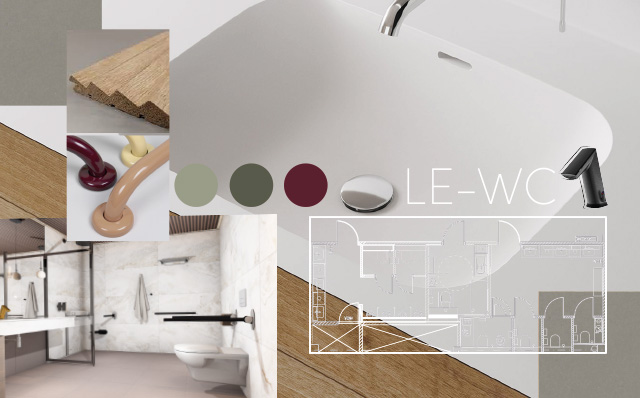 Kaunis WC-tila kuuluu kaikille – esteetön arki alkaa yksityiskohdista. Kuvakollaasi LE-WC-tuotteista ja materiaaleista, lisäksi kollaasissa 3D-mallinnos kauniista esteettömästä WC-tilasta.