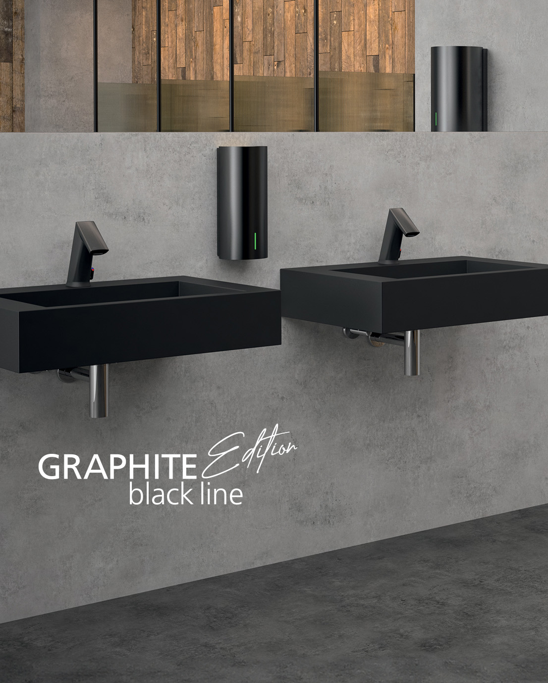 Mustat Conti+ ultra -automaattihanat mustien altaitten kanssa. Seinällä peili ja mustat annostelijat. Blackline Edition.