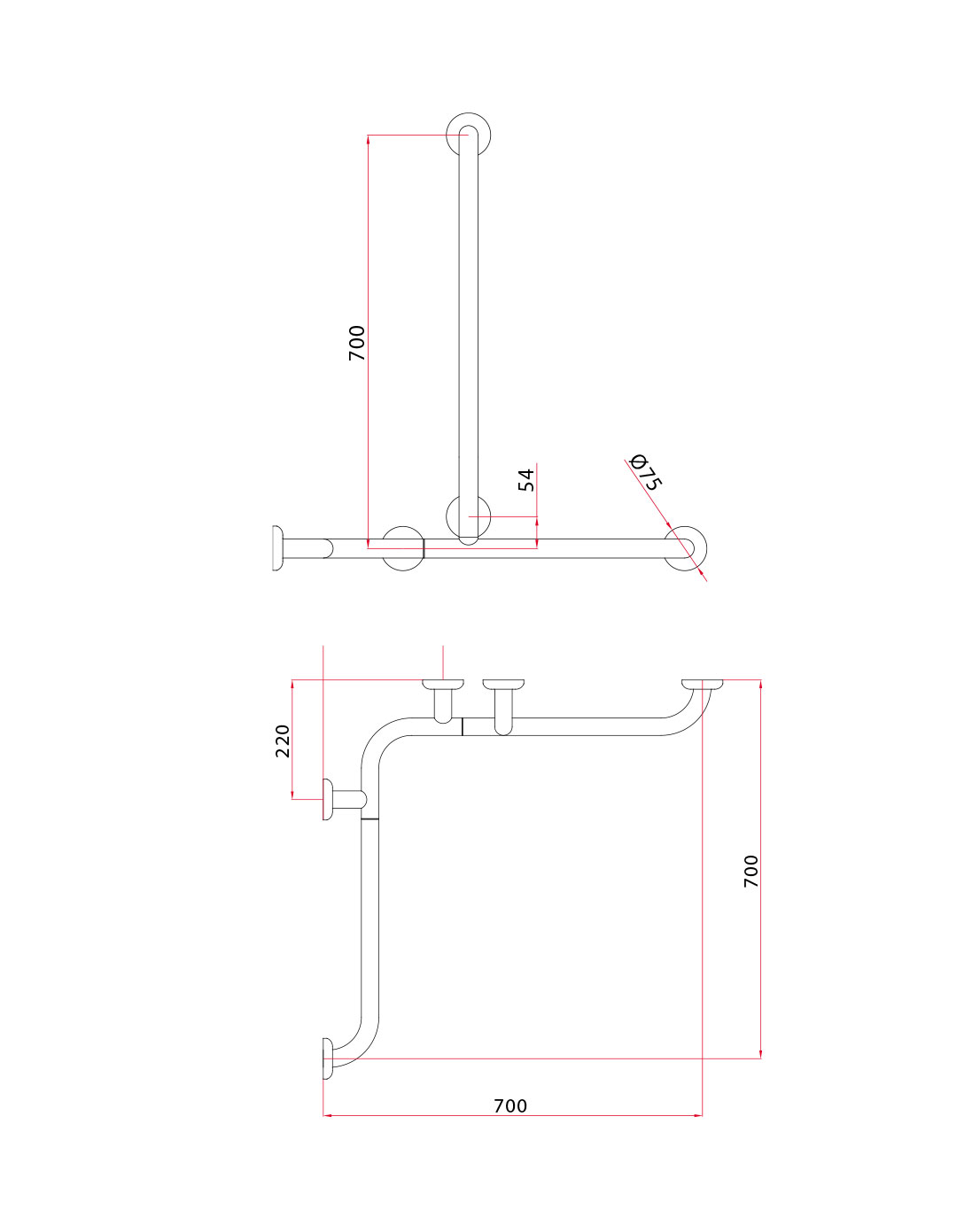 Pito-kulmatukitanko vertikaalisella lisäkahvalla K 70 cm, Classic, RAL, koko: 70×70 cm - Image 3