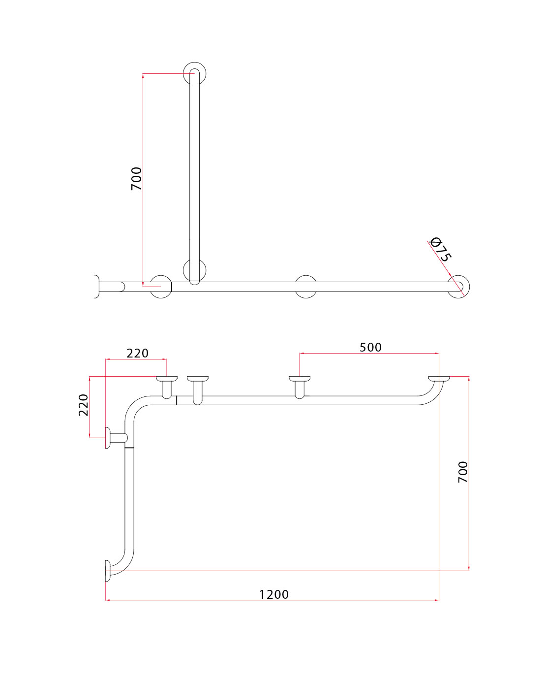 Pito-kulmatukitanko vertikaalisella lisäkahvalla K 70 cm, Classic, RAL, koko: 70×70 cm - Image 4