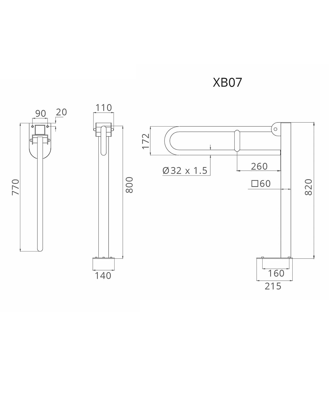 Mittakuva, piirustus XB07-tukikahvasta, jossa näkyvät mitat: korkeus 800–820 mm, syvyys 215 mm, halkaisija Ø32 mm ja ulottuvuus 770 mm. Mukana taittomekanismi ja seinäkiinnityslevy.