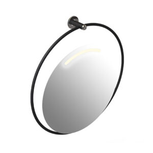 Kallistettava pyöreä peili LED-valolla ø 60 cm. Tukeva musta putkirunko ø 70 cm. Tuotenumero: GIO-D0075/31.