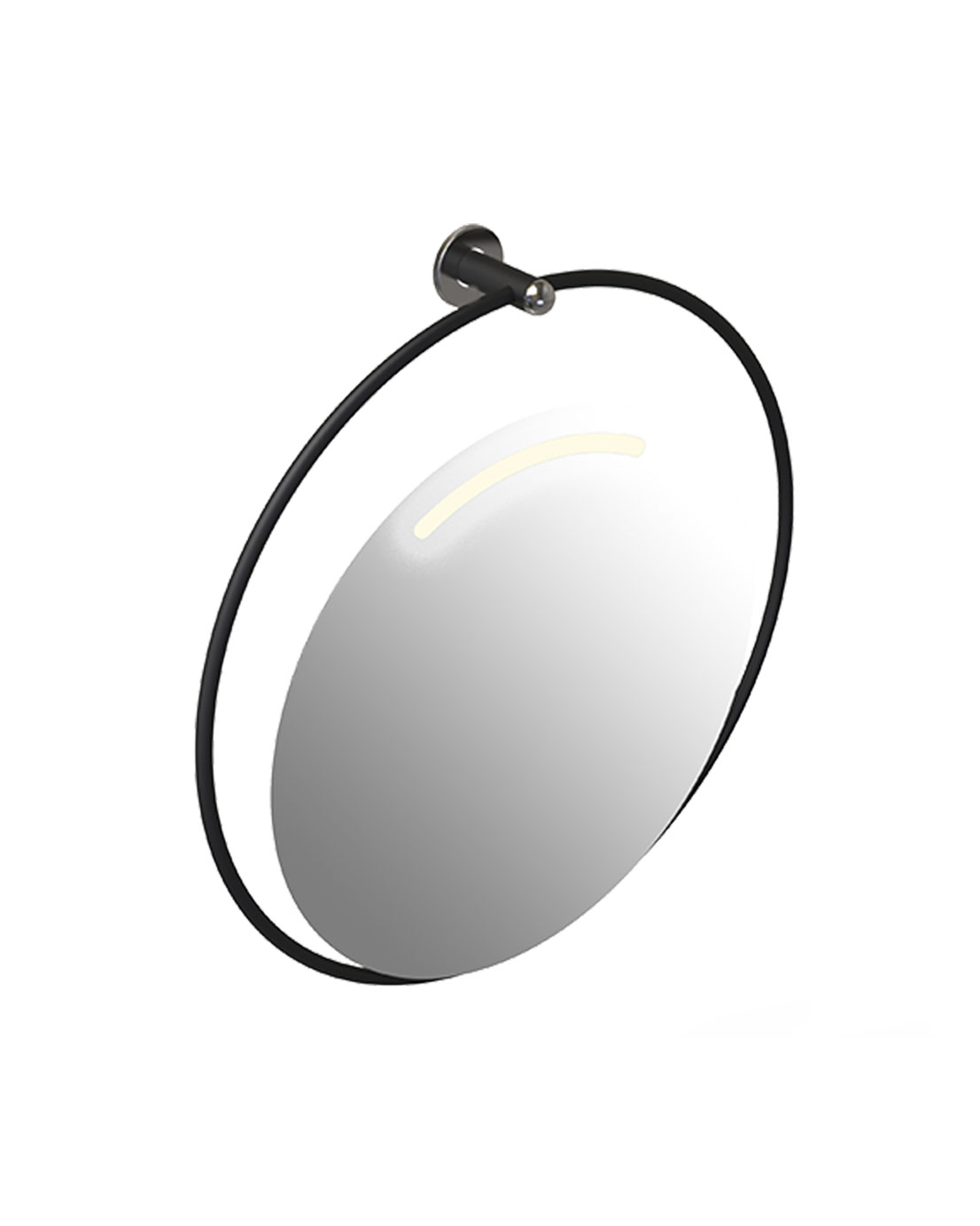 Kallistettava pyöreä peili LED-valolla ø 60 cm. Tukeva musta putkirunko ø 70 cm. Tuotenumero: GIO-D0075/31.