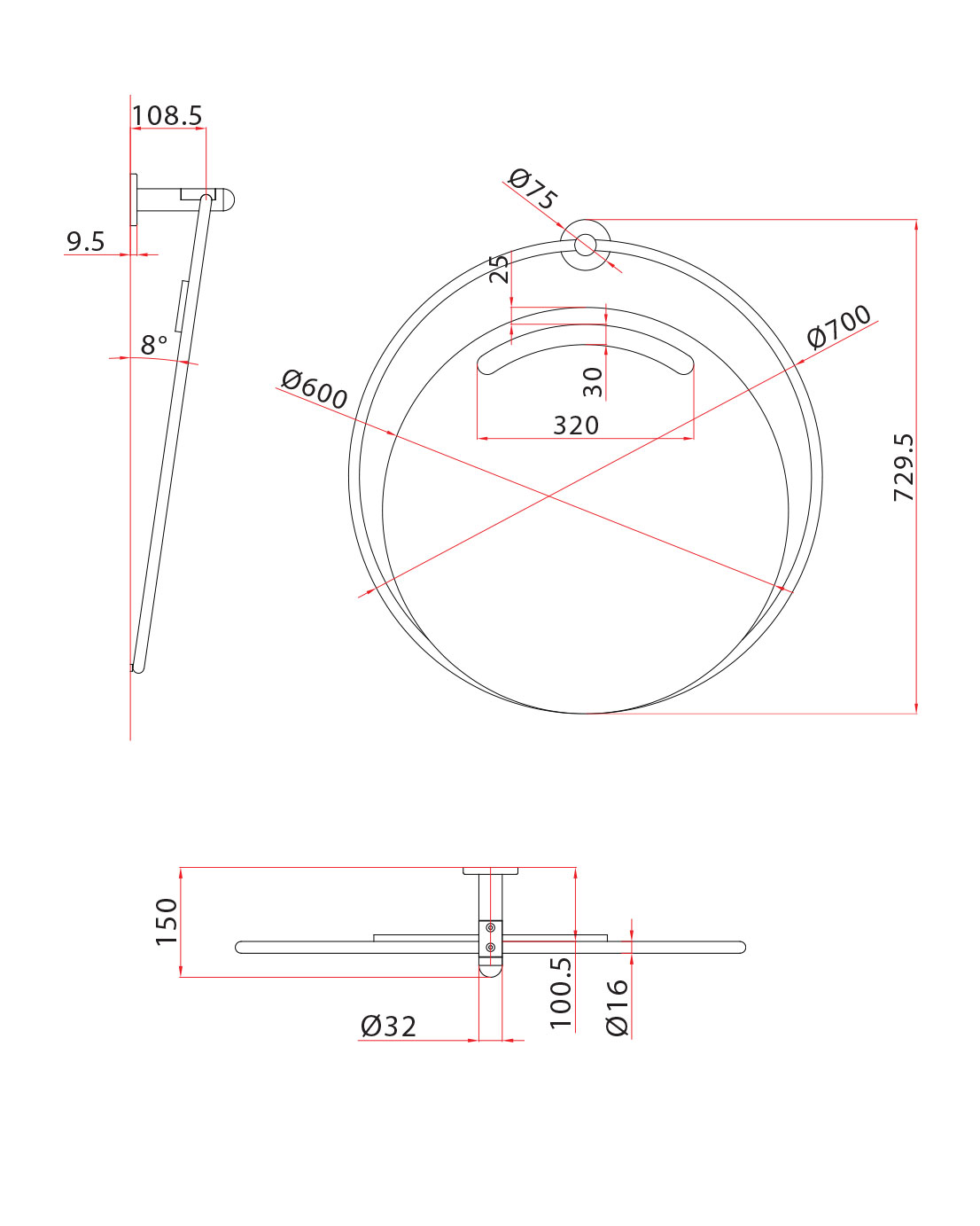 Pito-peili LED-valolla, kallistuva, musta/kromi, koko 70x73 cm - Image 4