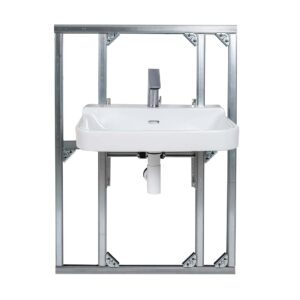 Asennusvalmis WC-tilaelementti. Elementtiin on kiinnitetty allas ja automaattihana.