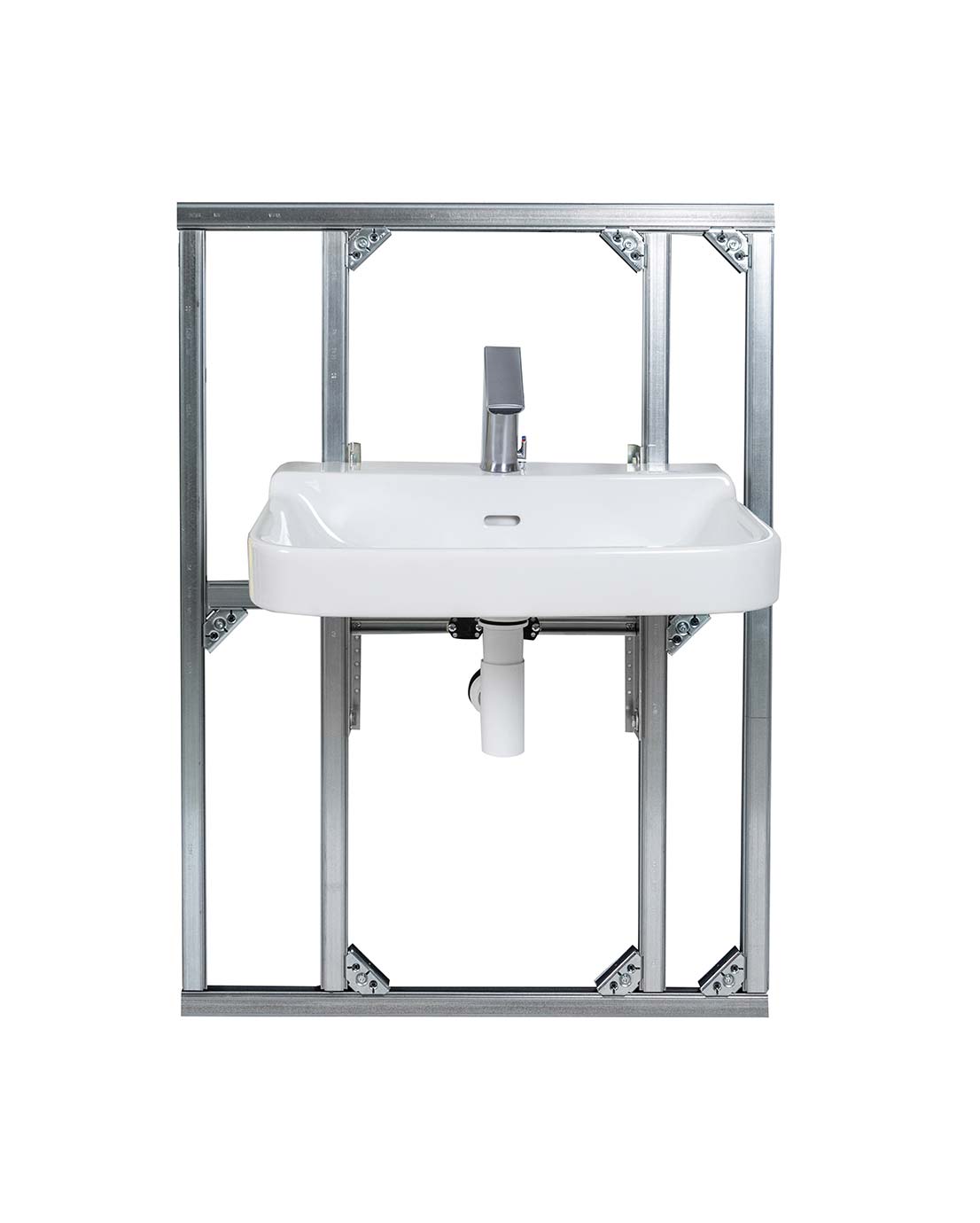 Asennusvalmis WC-tilaelementti. Elementtiin on kiinnitetty allas ja automaattihana.