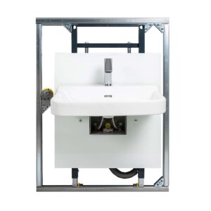 Asennusvalmis WC-tilaelementti esteettömään WC:hen. Elementtiin on kiinnitetty korkeussäädettävä allas ja automaattihana.