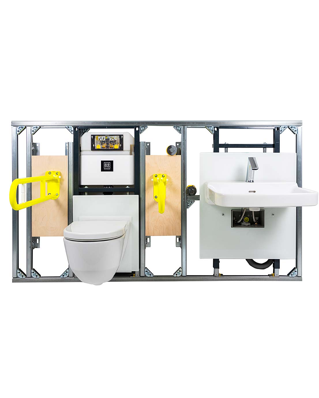 Asennusvalmis WC-tilaelementti johon on kiinnitetty WC-elementti huuhtelujärjestelmällä, esteetön seinä-WC-istuin korkeussäädöllä, kirkkaan keltaiset tukikahvat WC-istuimelle, korkeussäädettävä allas ja automaattihana.