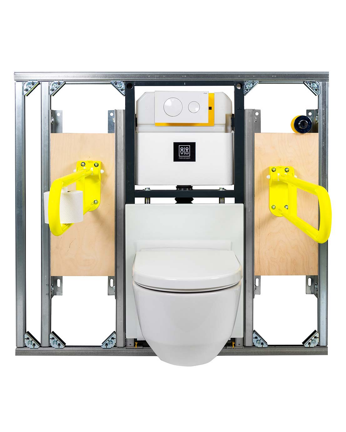 Asennusvalmis WC-tilaelementti johon on kiinnitetty WC-elementti huuhtelujärjestelmällä ja huutelupainkkeella, esteetön seinä-WC-istuin korkeussäädöllä ja kirkkaan keltaiset tukikahvat WC-istuimelle. Tukikahvassa on WC-paperirulla.