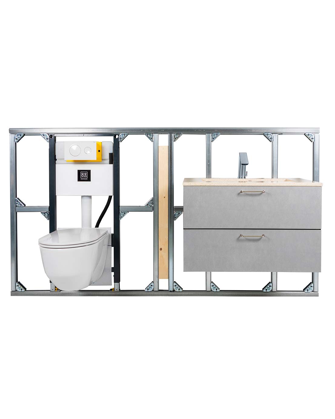 Asennusvalmis WC-tilaelementti. Elementtiin on kiinnitetty seinä-WC-istuin, allaskaluste ja kosketusvapaa hana. Tuotteet: Laufen PRO compact WC-istuin, Conti+ -ultra -hana, Woodio-allas ja Novosan-allaskaappi.