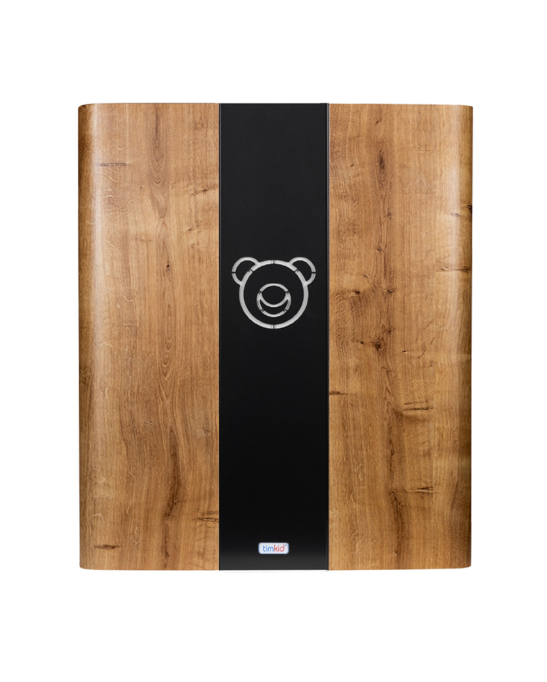 Novosan Timkid KAWAmaxi-hoitopöytä suljettuna, lämminsävyinen tammenvärinen etupaneeli, jossa laserkaiverrettu nallekuvio. Tuotenumero: TX10011.