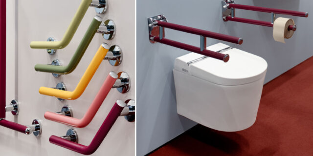 Novosan Apuvälinetapahtumassa. 2025. Esteettömän WC-tilan tuotteita mm. Hygea äly-WC-istuin ja Pito Deluxe-tukikaiteet useissa eri RAL-väreissä.