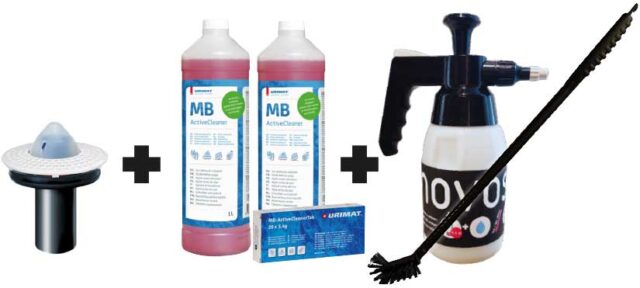 Vedettömän Urimat-pisuaarin tarvikkeet: mikrobiologinen hajulukko ja pesuaine sekä spraypumppupullo ja pitkä pisuaariharja.