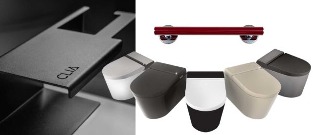 Hotellin kylpyhuoneen tuotteita: CLIA-hylly, äly-WC-istuin ja tukikaide