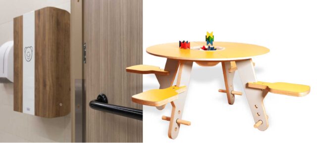 Timkid-lastenkaluste ja seinäkiinnitteinen lastenhoitopöytä julkisessa lastenhoitotilassa