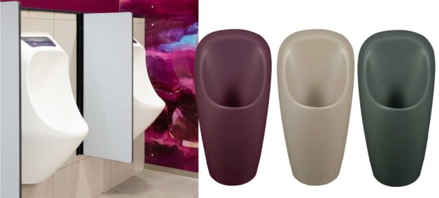 Miesten WC-tilan pisuaarit väliseinällä ja pisuaarit eri värivaihtoehdoissa: luumu, hiekka ja vihreä