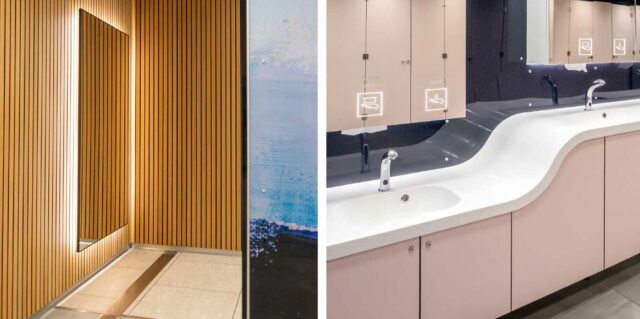 Allasratkaisu, peilikaapit ja peilit osana naisten WC-tilan kokonaisuutta