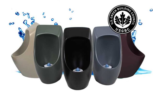 Vedettömät URIMAT-pisuaarit eri värivaihtoehdoissa, ratkaisu julkisiin WC-tiloihin ja LEED-hankkeisiin.