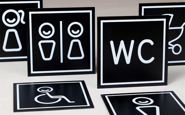 Vessojen opastekylttejä: WC, LE-WC, lastenhoitohuone, miesten vessa, naisten vessa, unisex-vessa